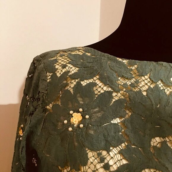 UNBRANDED Hand-Made Vintage 60s Green Lace Yellow Satin Beaded Fitted Dress XXS - Picture 7 of 14